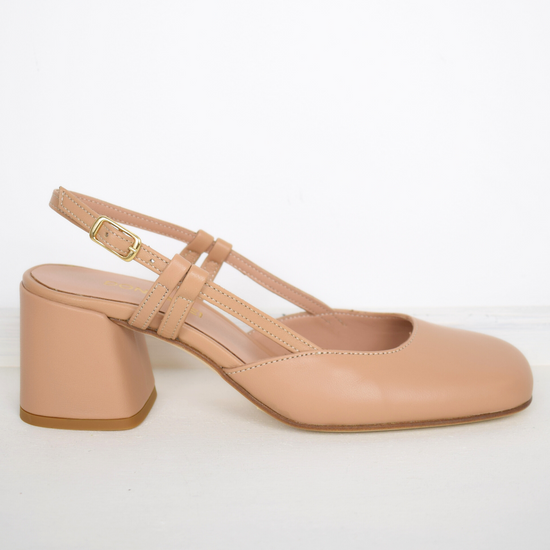 square toe, block heel nude sling back 