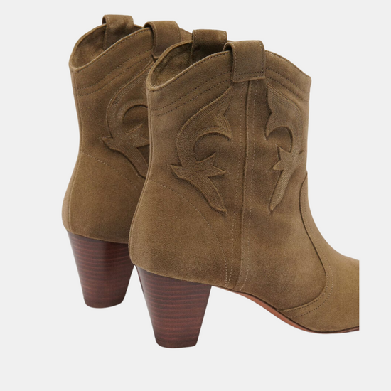 khaki heeled western style boots rear view 