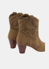 khaki heeled western style boots rear view 