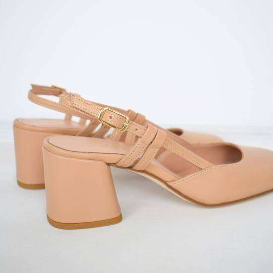 square toe, block heel nude sling back 