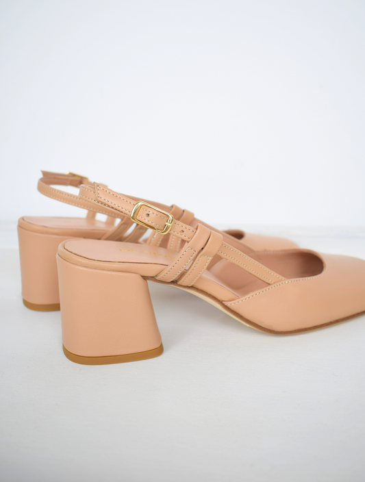 square toe, block heel nude sling back 