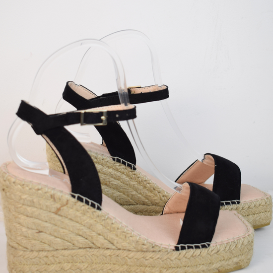 Raffia wedge sandal with black swede top and ankle strap 