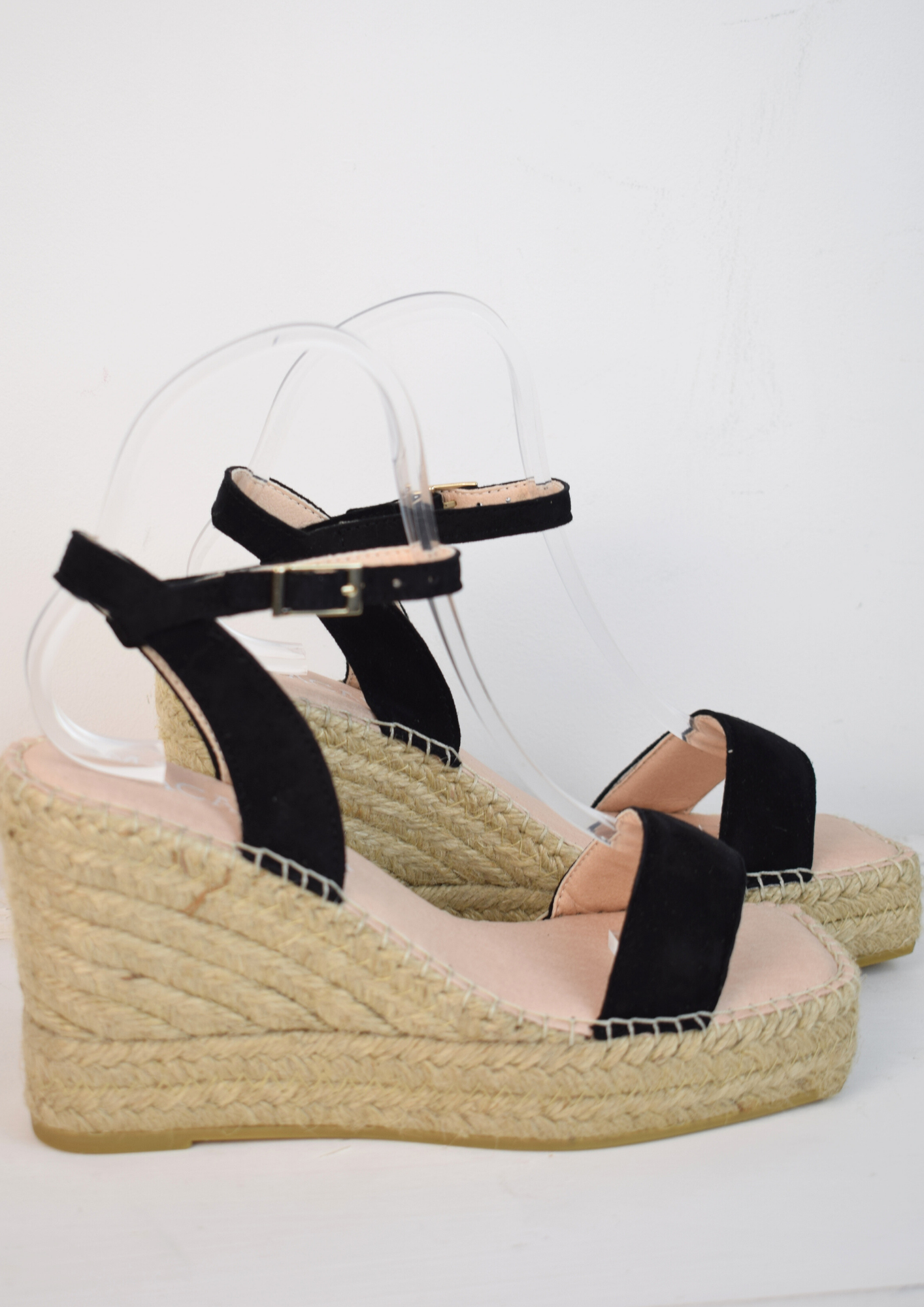 Raffia wedge sandal with black swede top and ankle strap 