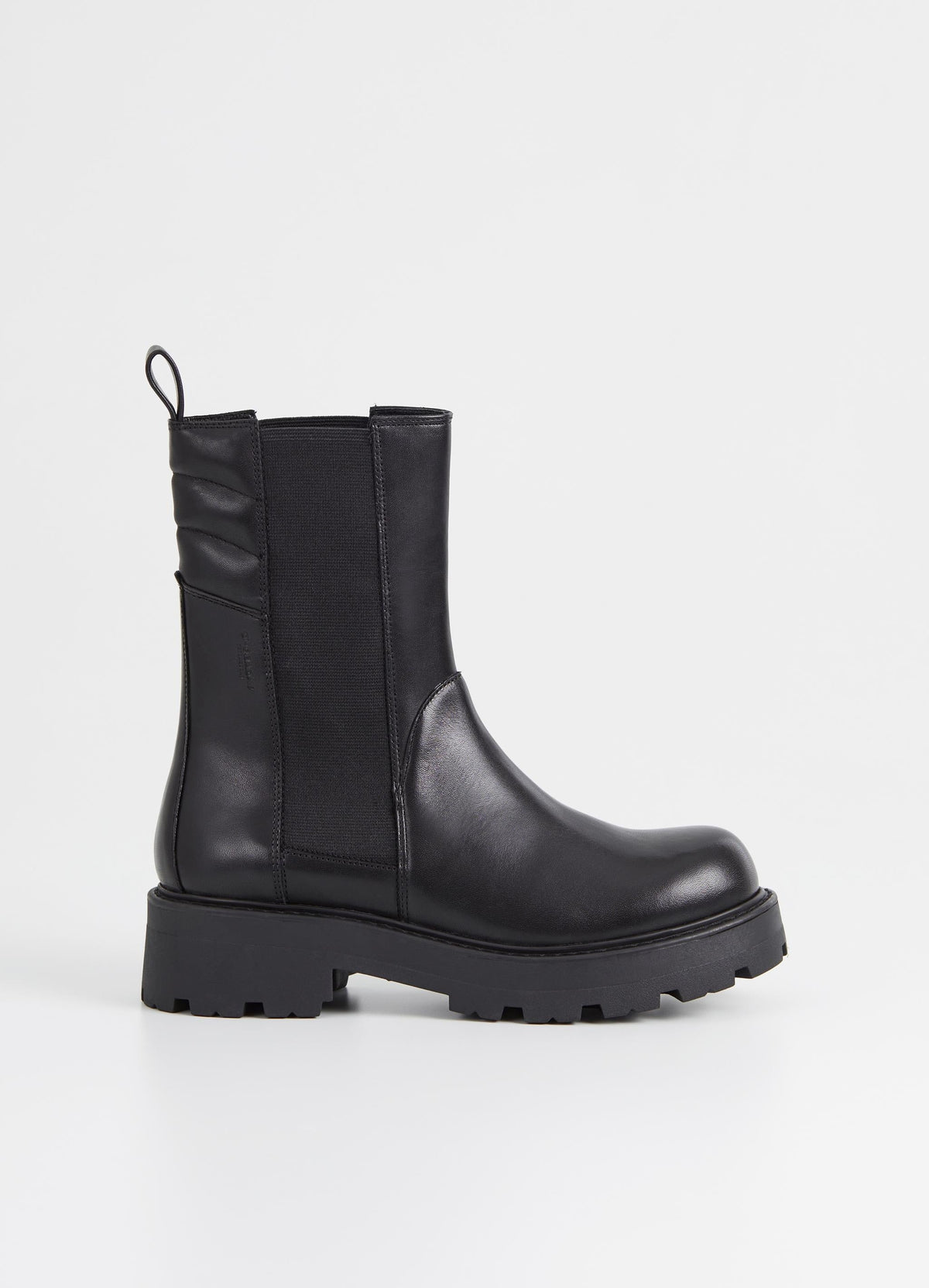 Chunky smooth black leather chelsea boot with elasticated side panels