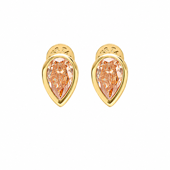 A pair of gold teardrop-shaped stud earrings with pear-cut peach-colored gemstones, set against a plain white background.
