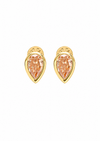 A pair of gold teardrop-shaped stud earrings with pear-cut peach-colored gemstones, set against a plain white background.