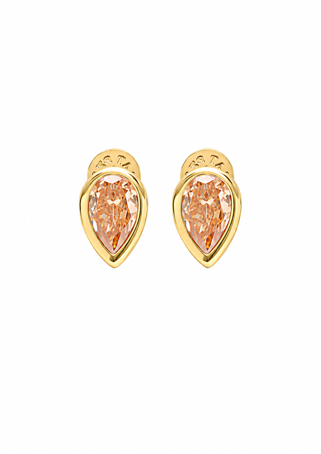 A pair of gold teardrop-shaped stud earrings with pear-cut peach-colored gemstones, set against a plain white background.