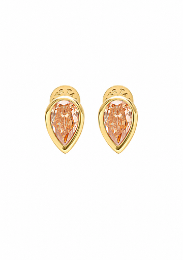 A pair of gold teardrop-shaped stud earrings with pear-cut peach-colored gemstones, set against a plain white background.
