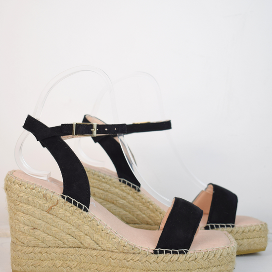 Raffia wedge sandal with black swede top and ankle strap 