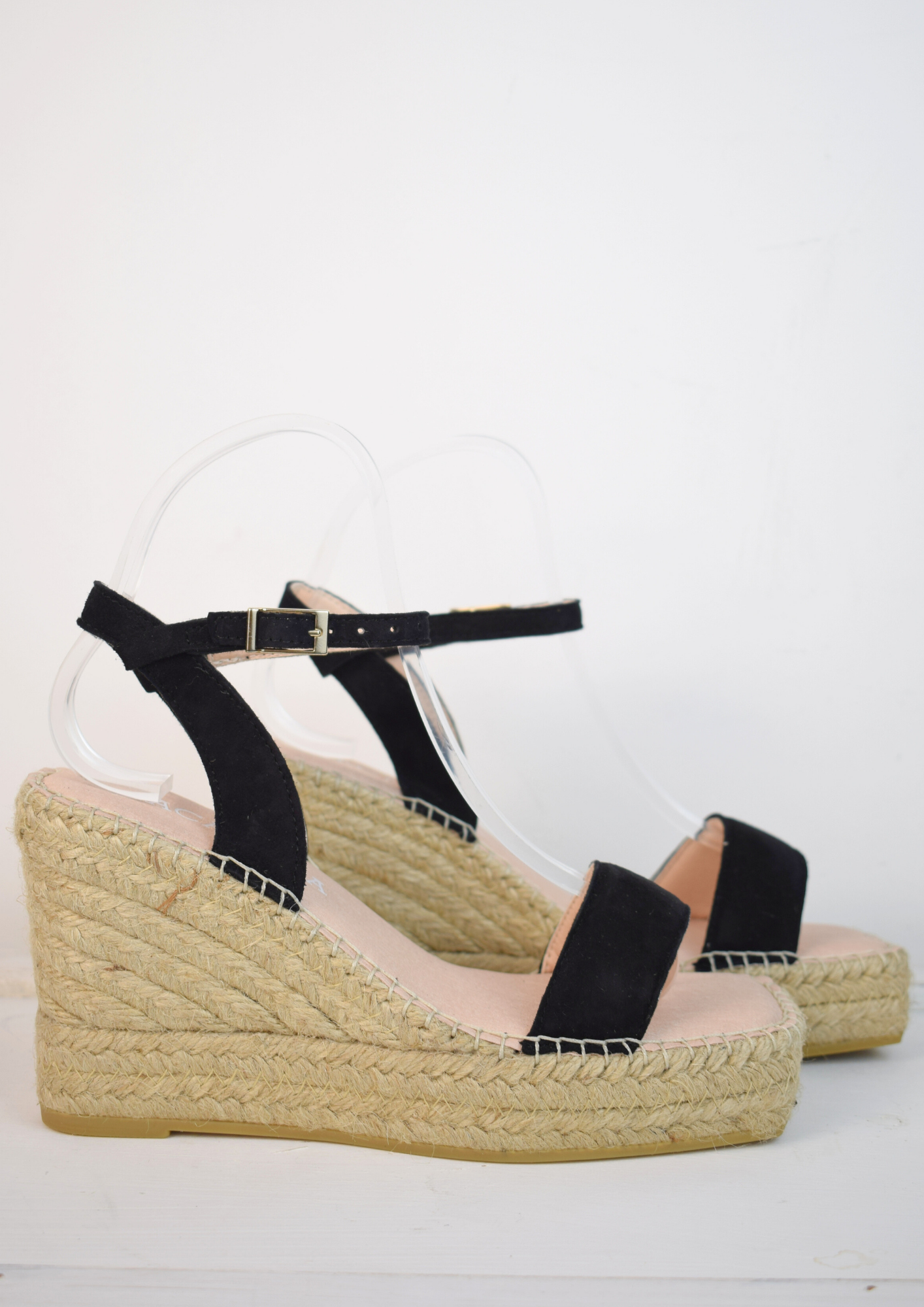 Raffia wedge sandal with black swede top and ankle strap 