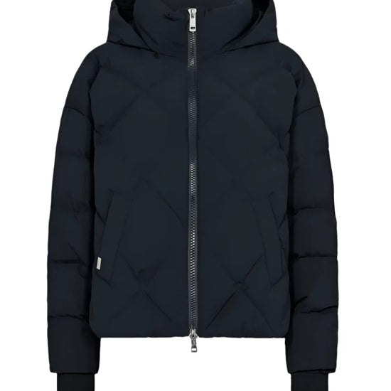 navy blue down jacket with diamond stitch design, zipped away hood and side pockets 