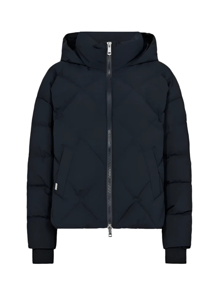 navy blue down jacket with diamond stitch design, zipped away hood and side pockets 