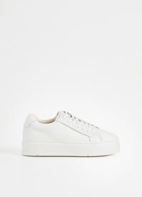 White leather trainer with platform sole and white laces