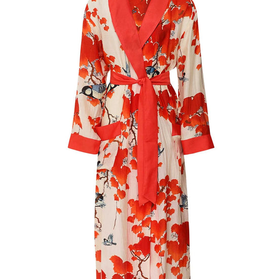 Dressing gown in cream base with red detailing and bird print