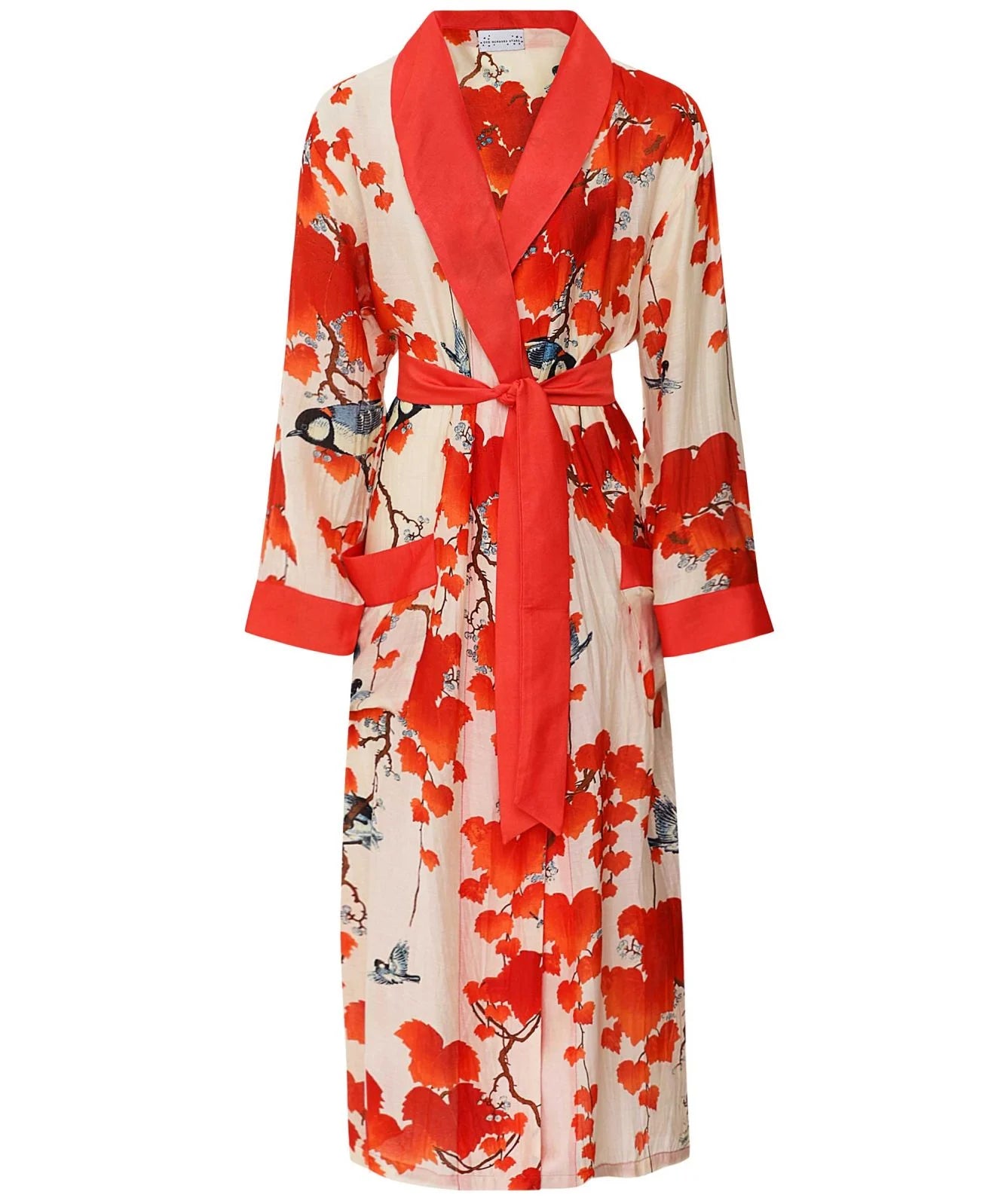 Dressing gown in cream base with red detailing and bird print