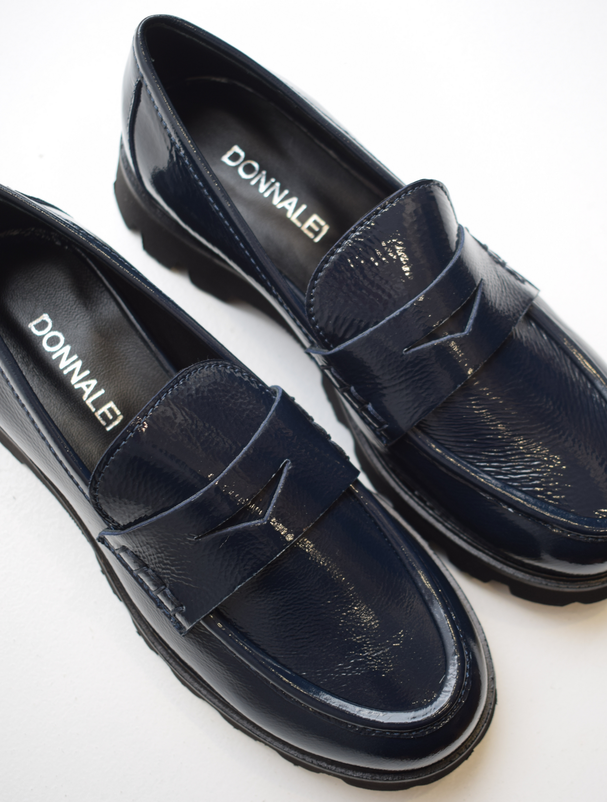 Navy patent leather loafer