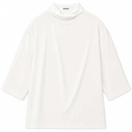 An oversized white mock-neck t-shirt with three-quarter sleeves, shown flat against a plain white background. The brand name 'MEMEU' is visible on the inner neck label.