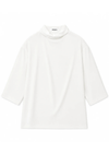 An oversized white mock-neck t-shirt with three-quarter sleeves, shown flat against a plain white background. The brand name 'MEMEU' is visible on the inner neck label.