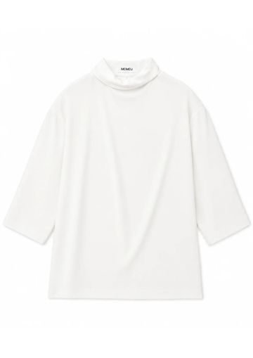 An oversized white mock-neck t-shirt with three-quarter sleeves, shown flat against a plain white background. The brand name 'MEMEU' is visible on the inner neck label.