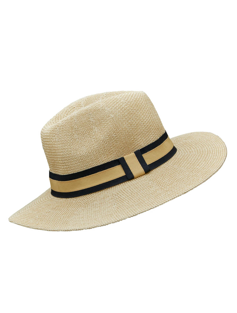 Adjustable size papaer panama hat with a black and tan ribbon trim