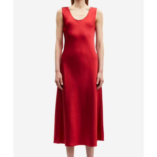 red sleeveless satin dress with round neck and back model shot