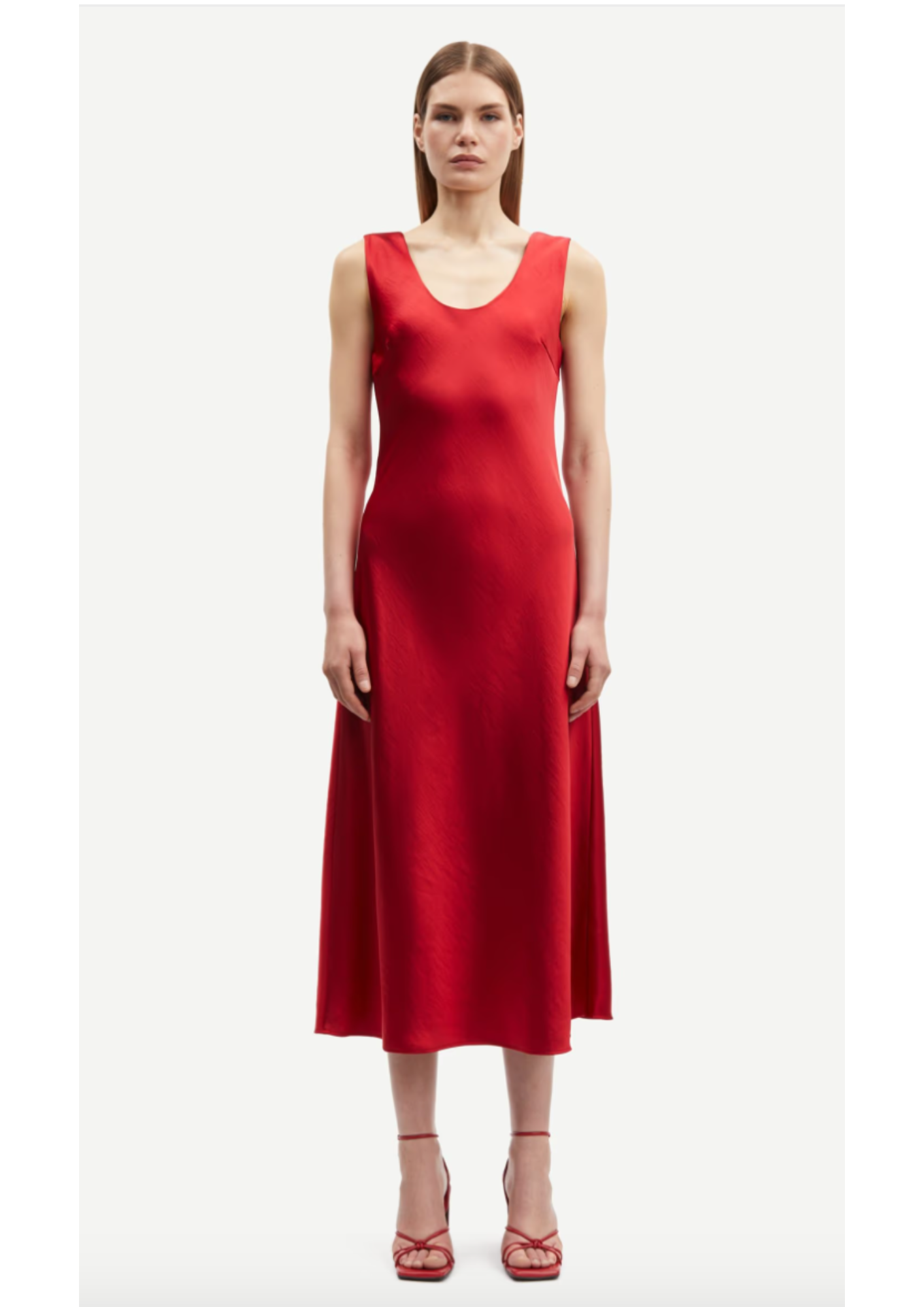 red sleeveless satin dress with round neck and back model shot