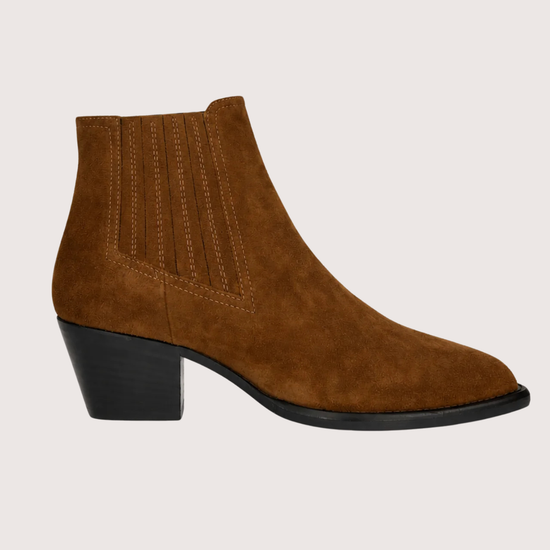 A brown suede ankle boot with a black block heel and black sole, shown from a side profile against a light beige background.