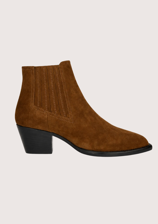 A brown suede ankle boot with a black block heel and black sole, shown from a side profile against a light beige background.