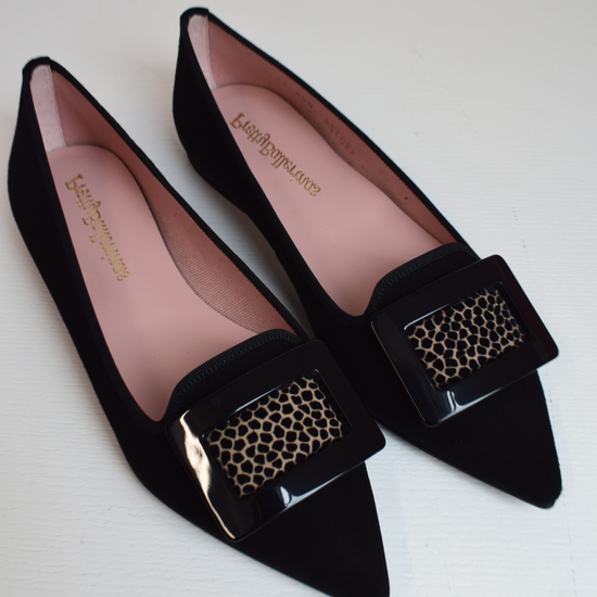 Black suede pointed toe ballet pumps with black buckle with cheetah insert slipper style