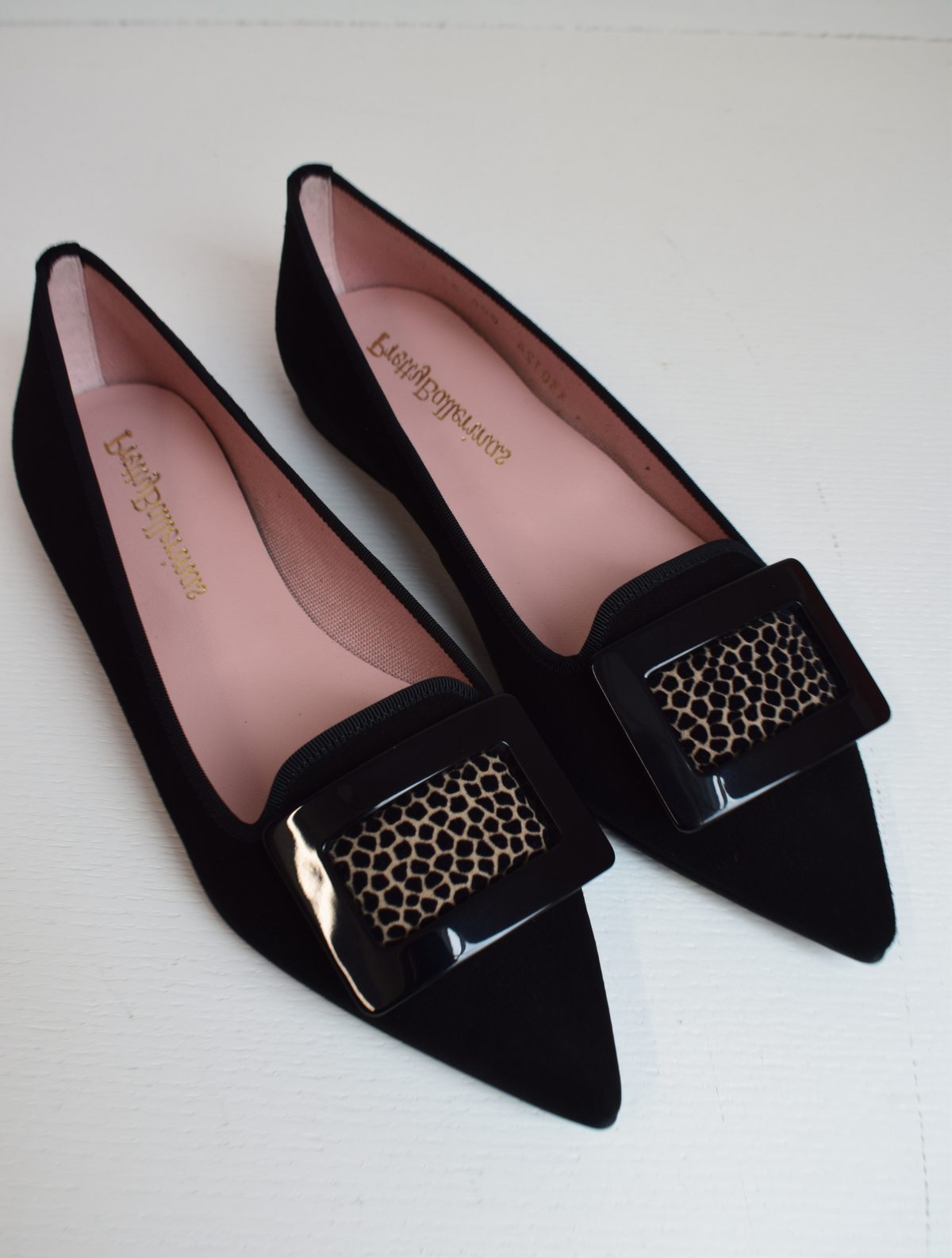 Black suede pointed toe ballet pumps with black buckle with cheetah insert slipper style