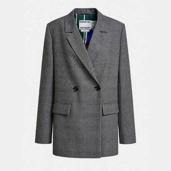 A gray double-breasted blazer with a subtle windowpane check pattern, featuring notch lapels, two front buttons, and flap pockets, shown on a plain white background.