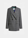 A gray double-breasted blazer with a subtle windowpane check pattern, featuring notch lapels, two front buttons, and flap pockets, shown on a plain white background.