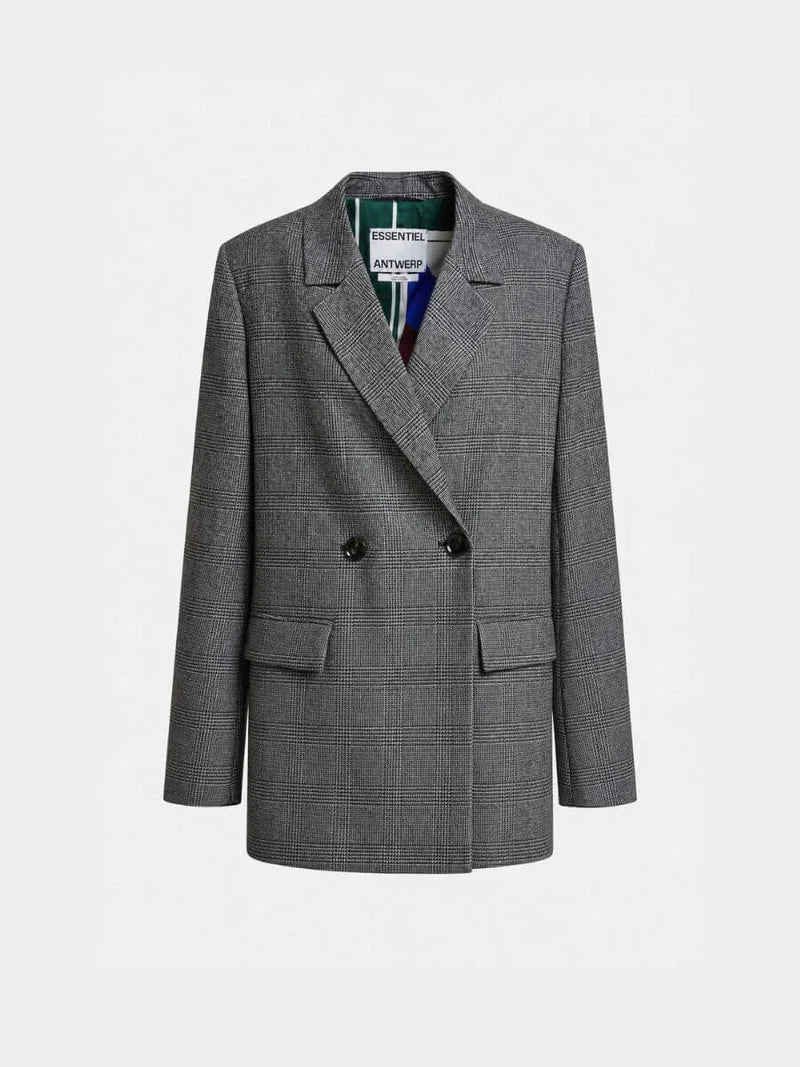 A gray double-breasted blazer with a subtle windowpane check pattern, featuring notch lapels, two front buttons, and flap pockets, shown on a plain white background.
