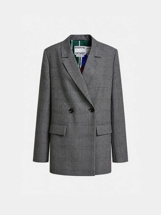 A gray double-breasted blazer with a subtle windowpane check pattern, featuring notch lapels, two front buttons, and flap pockets, shown on a plain white background.