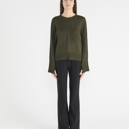 Dark green jumper with round neck, and ribbed hem and cuffs.