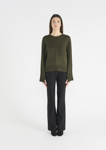 Dark green jumper with round neck, and ribbed hem and cuffs.