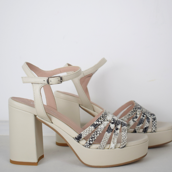 Off white platform heel with snake print straps 