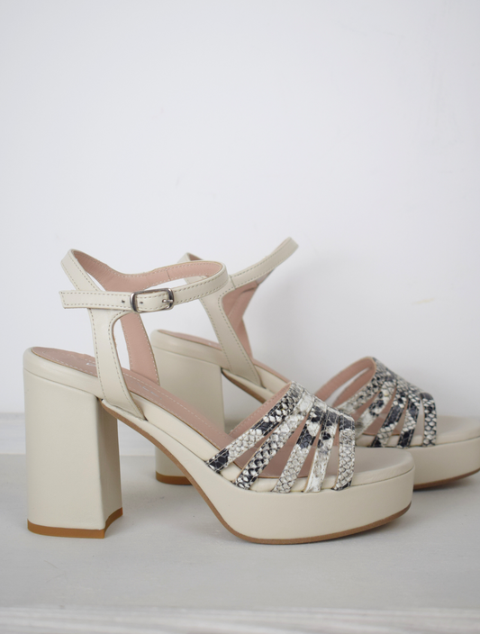 Off white platform heel with snake print straps 