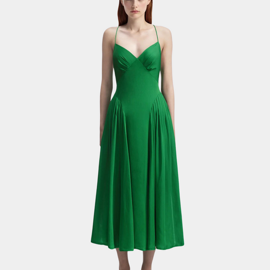 Green V neck midi dress with gathering at hips and spaghetti straps the tighten at the back with a corset style bodice.