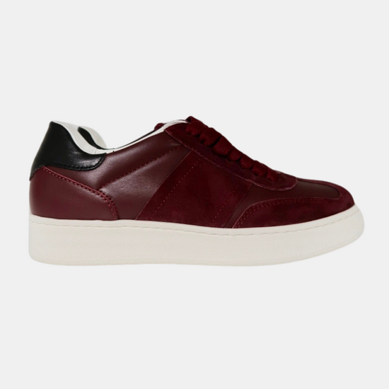 burgundy leather and suede trainers with black heel tab 