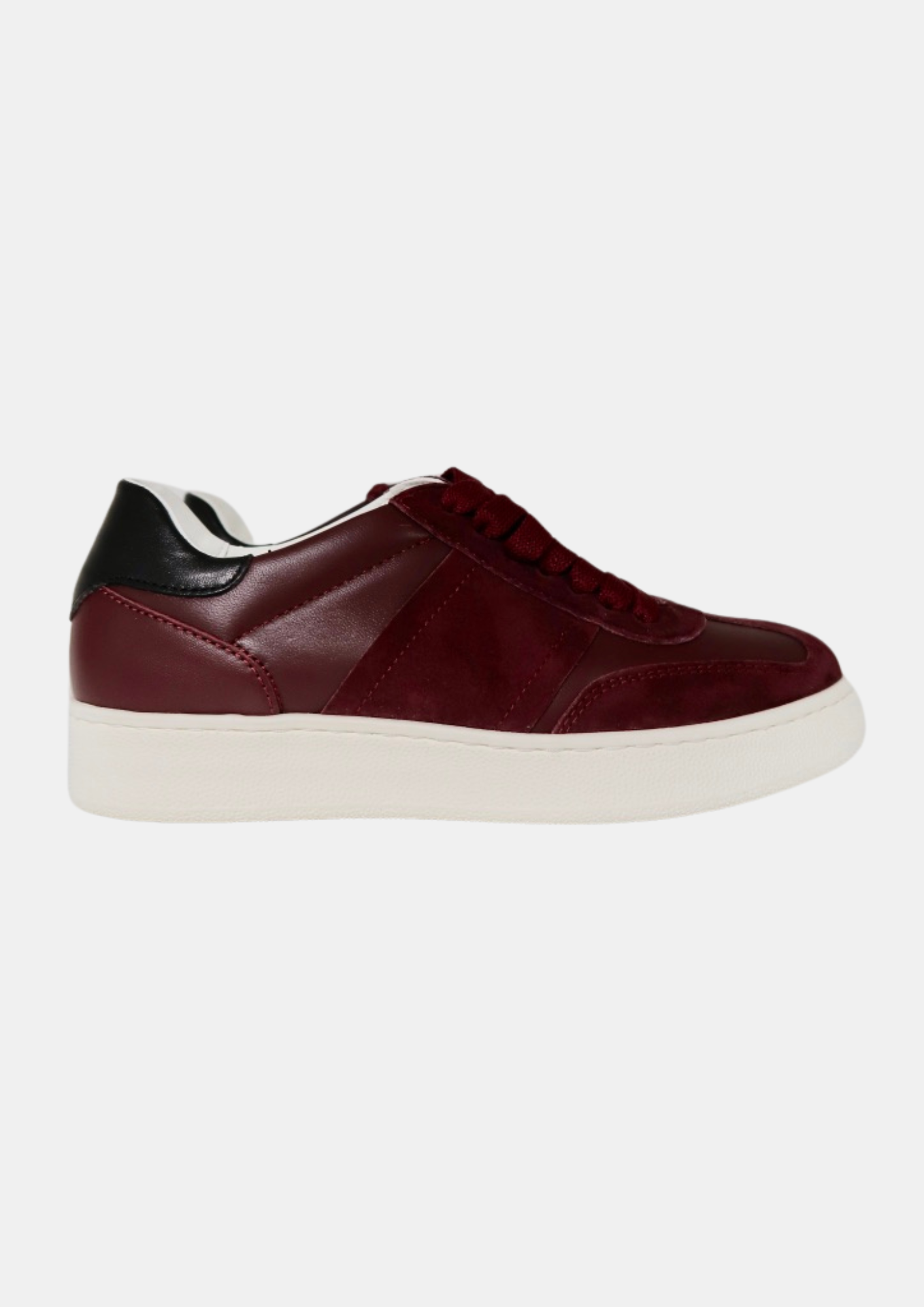 burgundy leather and suede trainers with black heel tab 