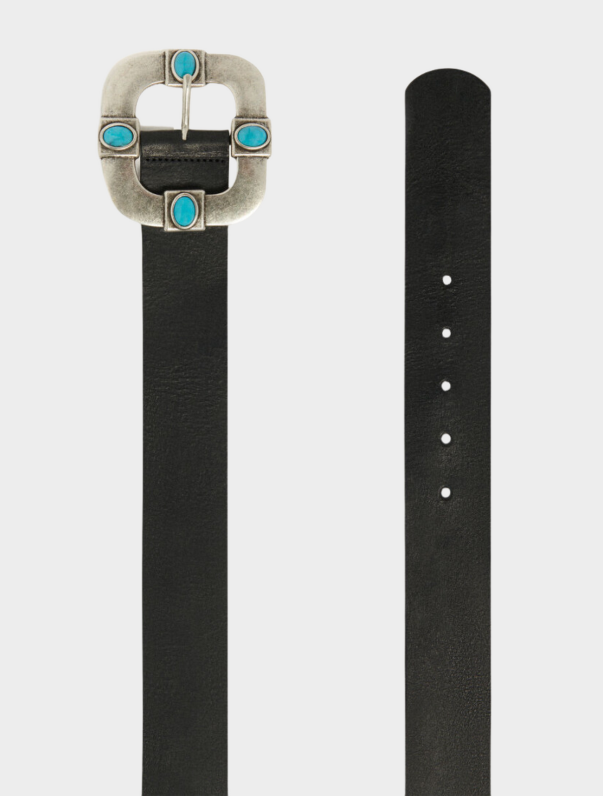Black leather belt with square matt silver buckle with turquoise oval inserts