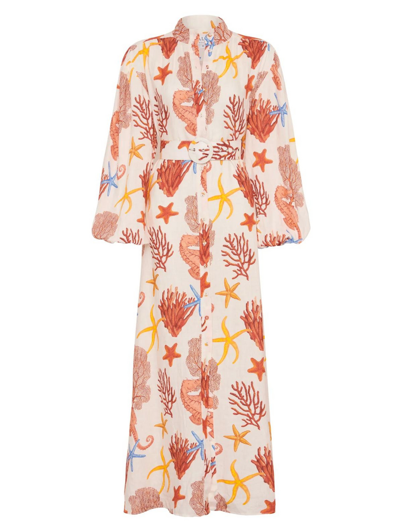 Linen shirt dress in an exclusive coral print