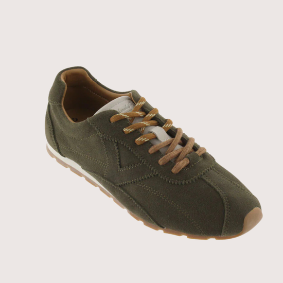 Khaki suede sneaker with beige sole on a plain background