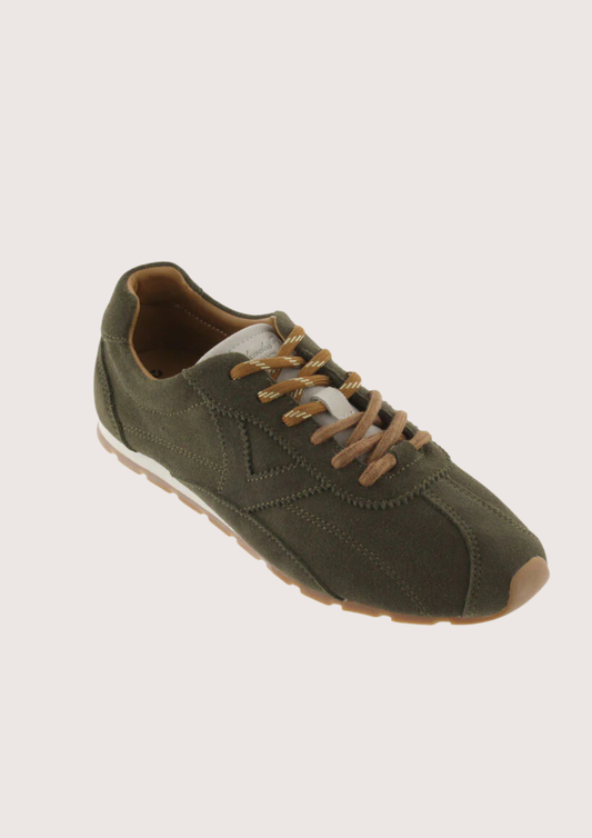 Khaki suede sneaker with beige sole on a plain background