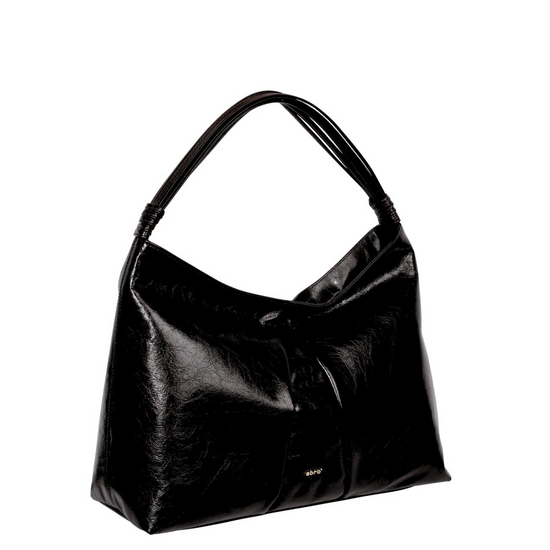 Black leather handbag with sleek knotted top handle.