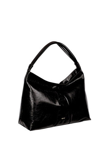 Black leather handbag with sleek knotted top handle.