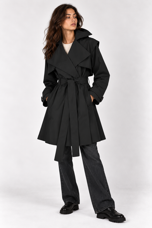 A woman modeling a black belted wrap trench coat over a white top and dark gray wide-leg jeans, standing against a light gray studio background.