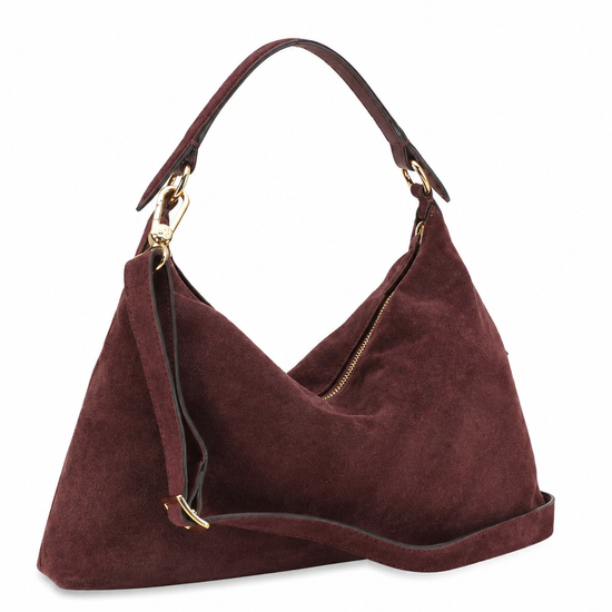 A dark brown suede hobo shoulder bag with a single leather strap and gold-tone hardware, shown against a plain white background.
