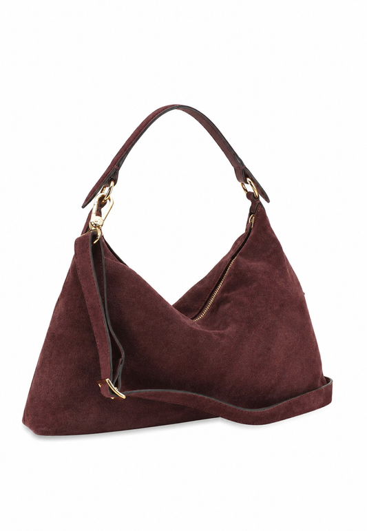 A dark brown suede hobo shoulder bag with a single leather strap and gold-tone hardware, shown against a plain white background.